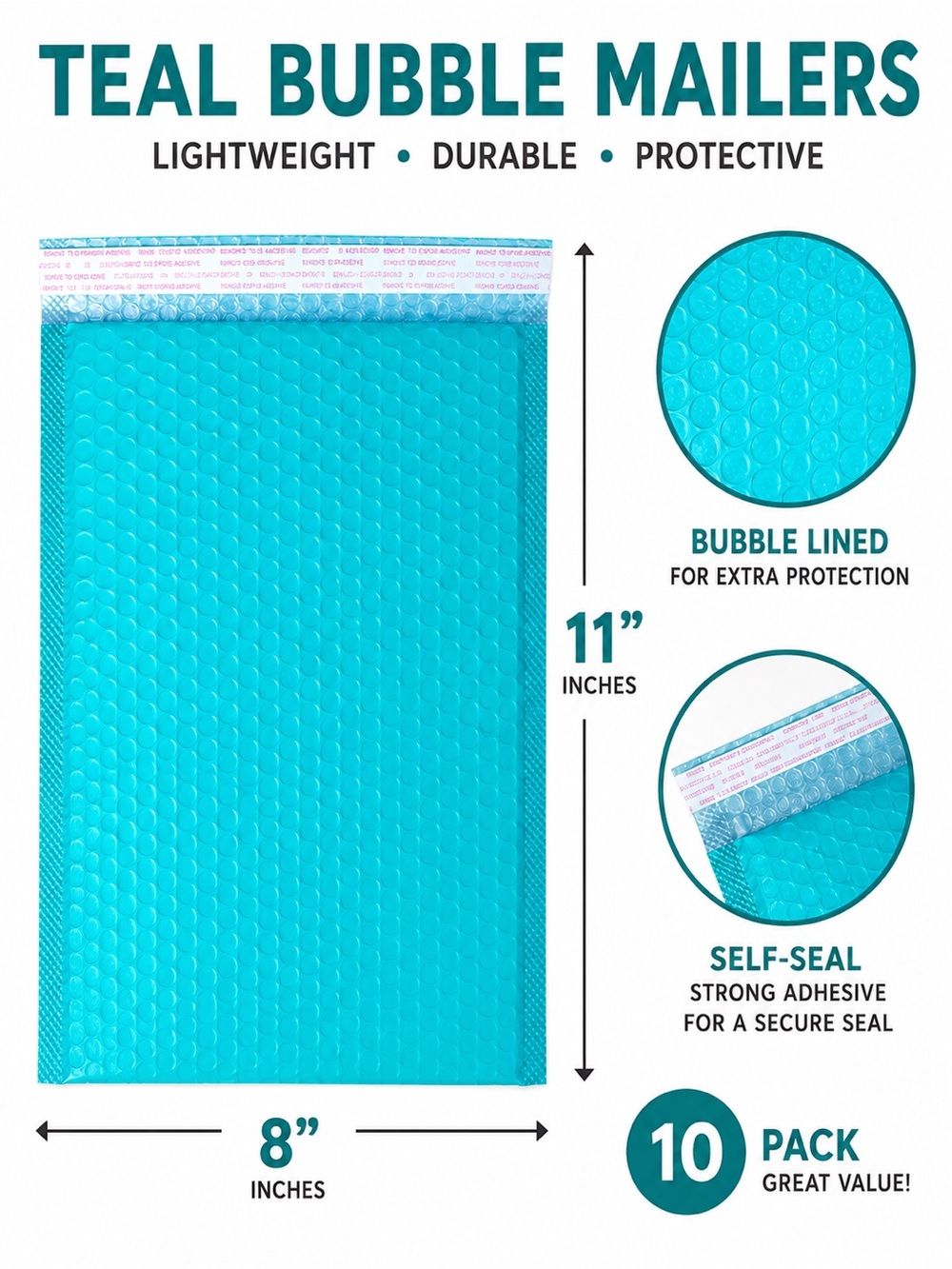 10 Teal Bubble Mailers 8 x 11 Padded Shipping Envelopes Self-Seal Cushioned